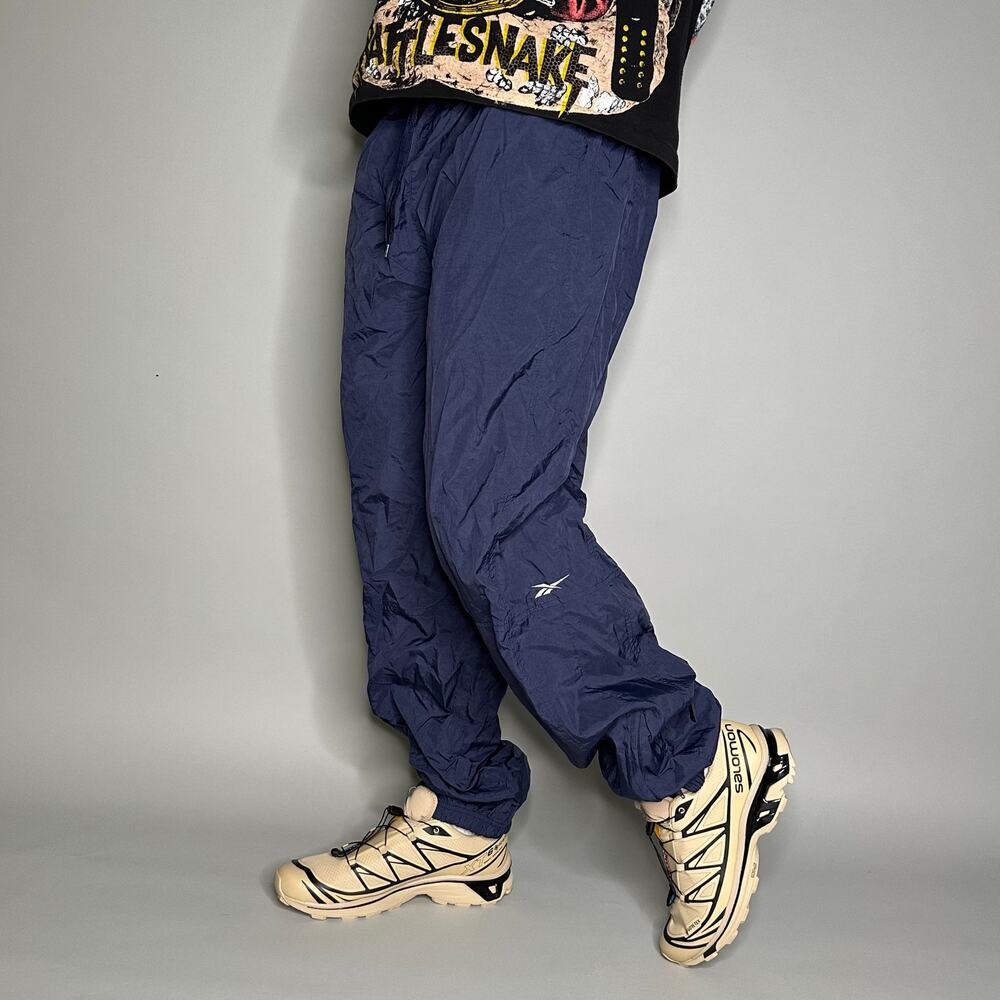 Vintage 90s Reebok Track Pants Mens XL Navy Blue Nylon Joggers White Embroidered